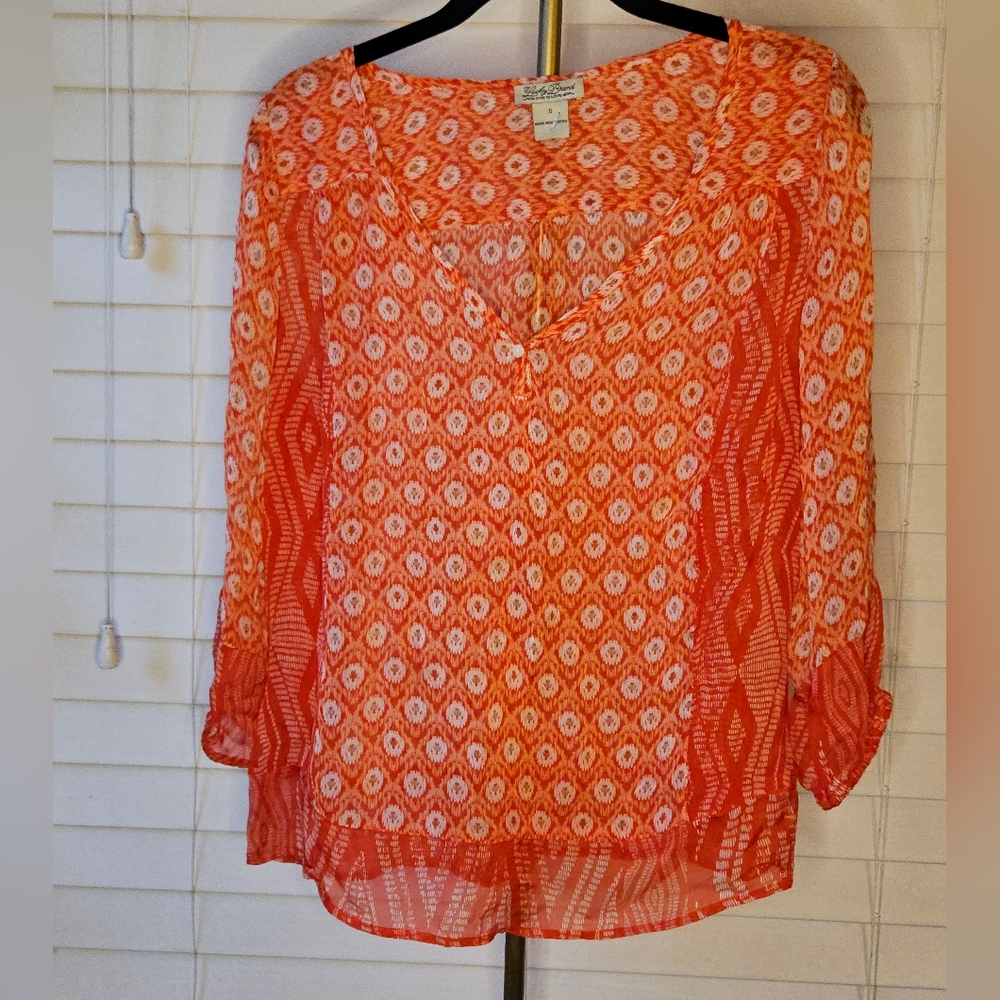 Lucky Brand Caley Mixed Print Boho Peasant Blouse Orange Ivory - S